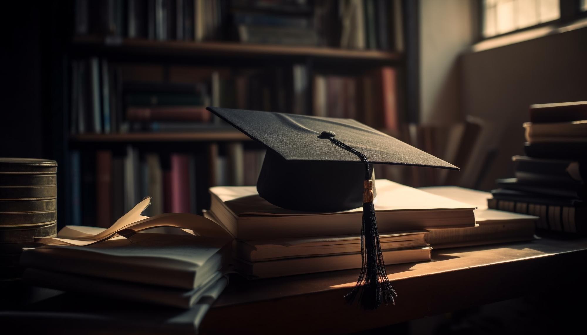 graduation-cap-sits-top-stack-books